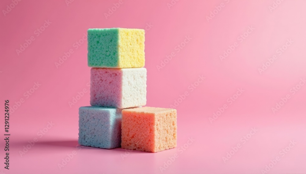 Sugar cube tower rising from pink background with subtle shine, , stack Sugar cube tower rising from pink background with subtle shine, , stack