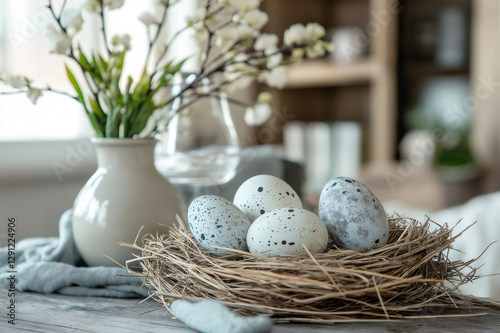 Wallpaper Mural Easter composition featuring speckled eggs in a nest, evoking a rustic and natural springtime ambiance Torontodigital.ca