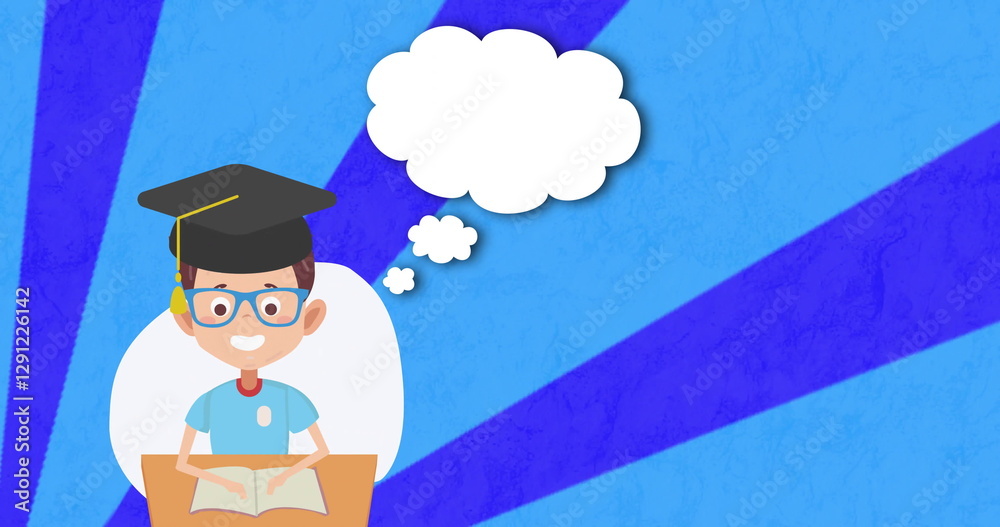 Naklejka premium Graduation cap and thought bubbles image over cartoon student reading book
