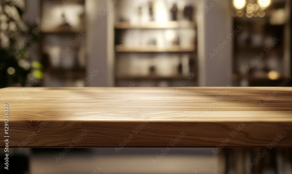 Empty wooden table top with a blurred background of a coffee shop, restaurant, or bar interior for a product display montage mock-up design template in a flat style. Empty wooden table top with a blurred background of a coffee shop, restaurant, or bar interior for a product display montage mock-up design template in a flat style.