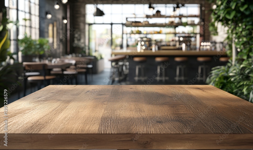 Empty wooden table top with a blurred background of a coffee shop, restaurant, or bar interior for a product display montage mock-up design template in a flat style. Empty wooden table top with a blurred background of a coffee shop, restaurant, or bar interior for a product display montage mock-up design template in a flat style.