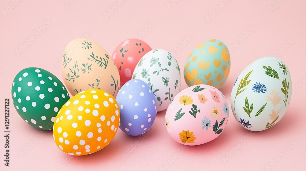 Vibrant Easter Eggs with Polka Dots on Pastel Background, Close-Up View. Joyful Easter Decorations, Cartoon Illustration, Flat Lay Artwork. Vibrant Easter Eggs with Polka Dots on Pastel Background, Close-Up View. Joyful Easter Decorations, Cartoon Illustration, Flat Lay Artwork.