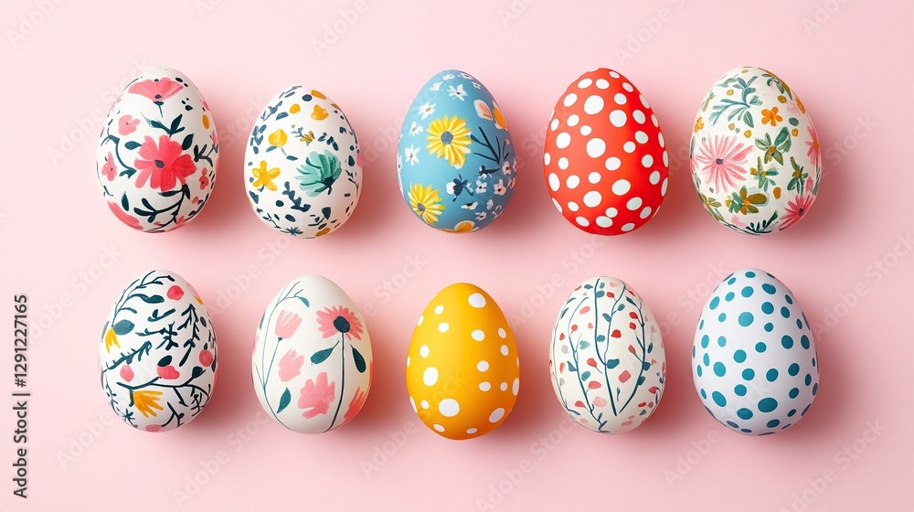 Vibrant Easter Eggs with Polka Dots on Pastel Background, Close-Up View. Joyful Easter Decorations, Cartoon Illustration, Flat Lay Artwork. Vibrant Easter Eggs with Polka Dots on Pastel Background, Close-Up View. Joyful Easter Decorations, Cartoon Illustration, Flat Lay Artwork.