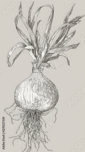 Detailed Botanical Illustration of Onion with Roots - Exquisite Line Art