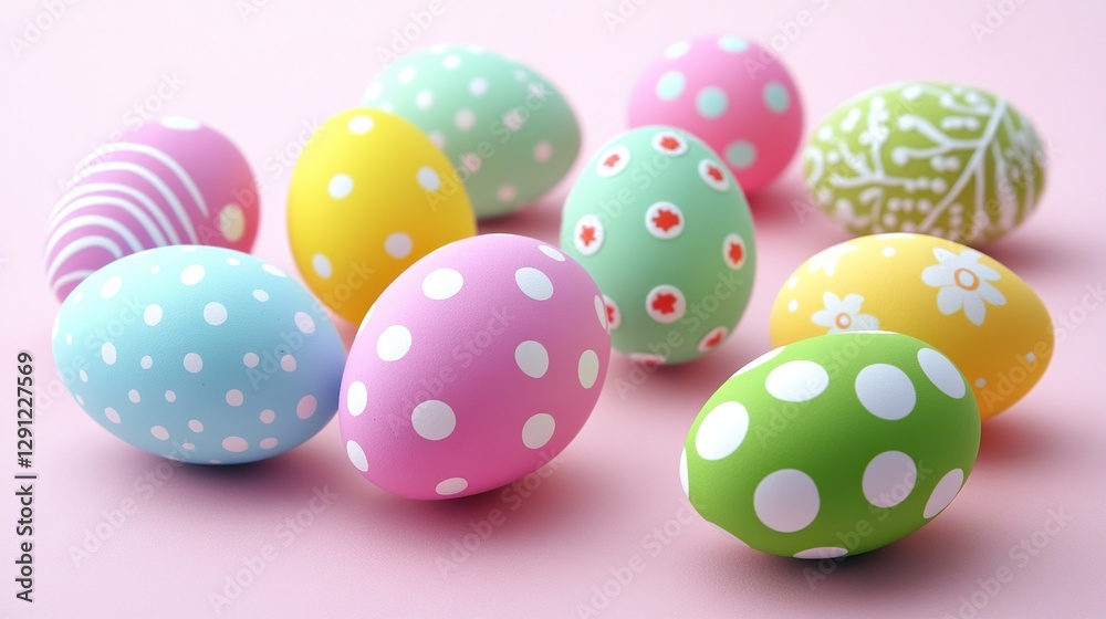 Vibrant Easter Eggs with Polka Dots on Pastel Background, Close-Up View. Joyful Easter Decorations, Cartoon Illustration, Flat Lay Artwork. Vibrant Easter Eggs with Polka Dots on Pastel Background, Close-Up View. Joyful Easter Decorations, Cartoon Illustration, Flat Lay Artwork.