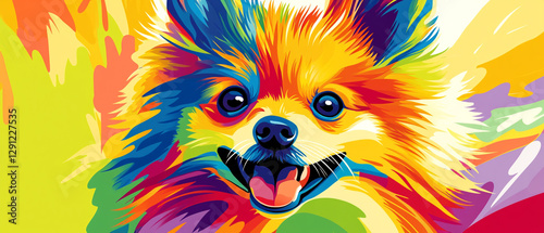 Vibrant Pomeranian Dog with Colorful Abstract Coat Design - Eye-Catching Vector Art Featuring a Playful Canine in a Unique and Artistic Style Perfect for Pet Lovers and Art Enthusiasts