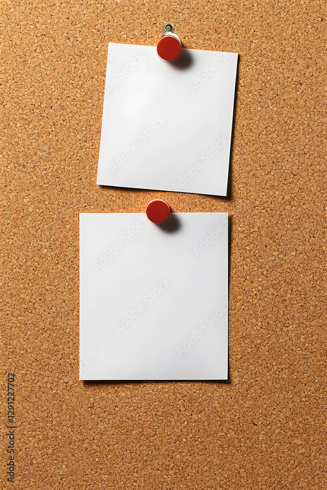 Blank paper notes and an empty photo are pinned to a cork board. The concept of detective investigation. Blank paper notes and an empty photo are pinned to a cork board. The concept of detective investigation.
