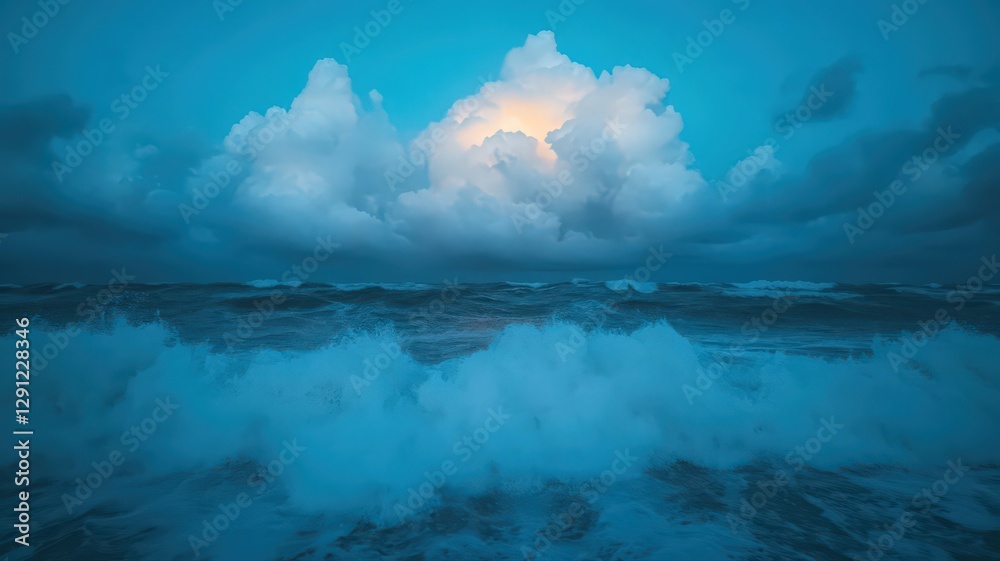 Fototapeta premium Ocean Waves at Twilight Blue Tones and Luminous Clouds