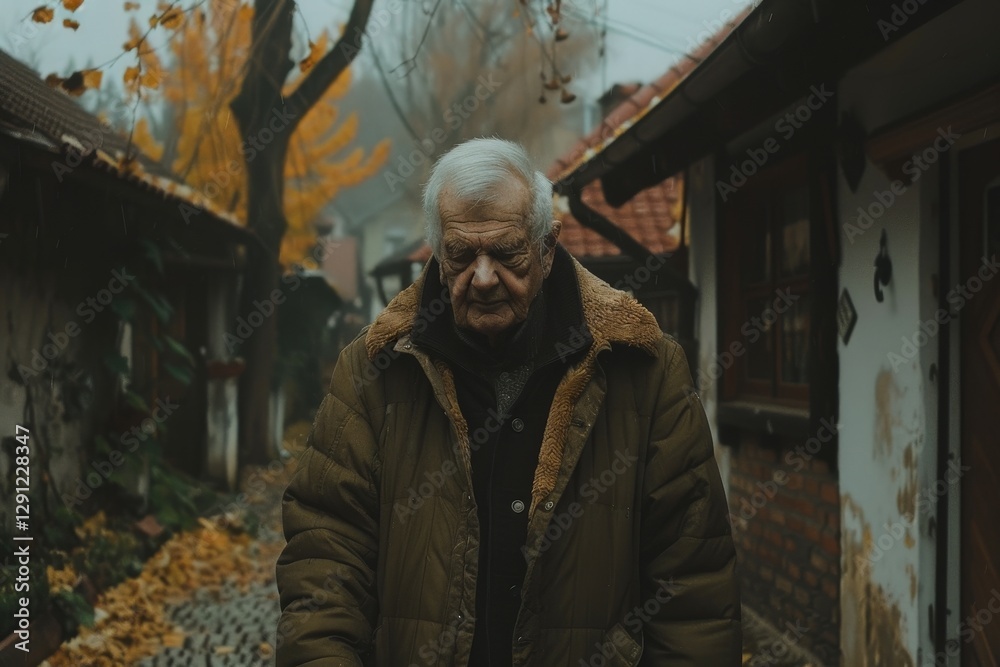An elderly man walks through a quaint village lined with autumn trees, embodying nostalgia and the passage of time. An elderly man walks through a quaint village lined with autumn trees, embodying nostalgia and the passage of time.