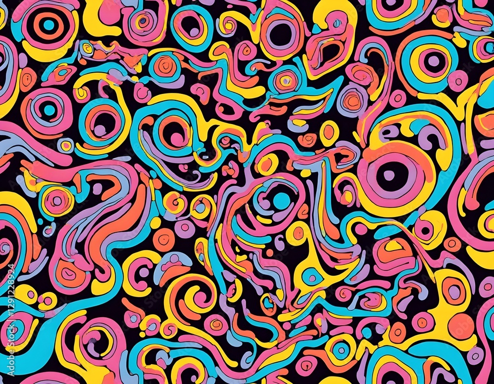 Fototapeta premium 70s psychedelic design, swirling patterns, bold colors, abstract forms.