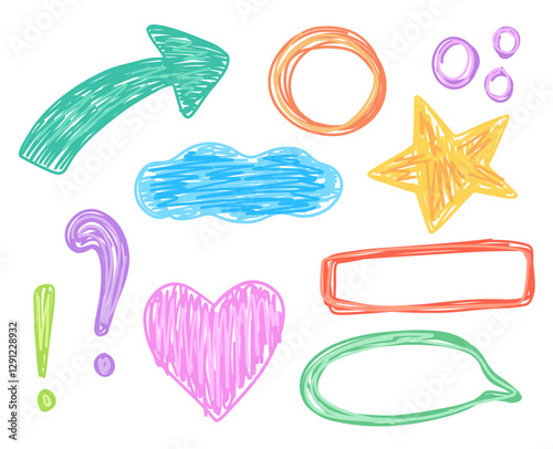 Childlike abstract set with arrows, speech bubble and star in crayon drawn style