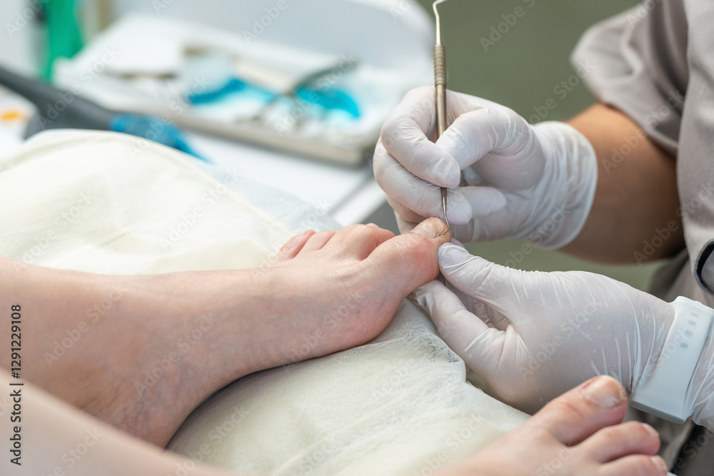 Podologist uses a curette to remove a callus on the toe Podologist uses a curette to remove a callus on the toe
