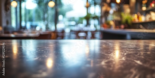 Wallpaper Mural close-up of an empty, dark marble countertop with the blurred background of a kitchen and dining room in a restaurant. Torontodigital.ca
