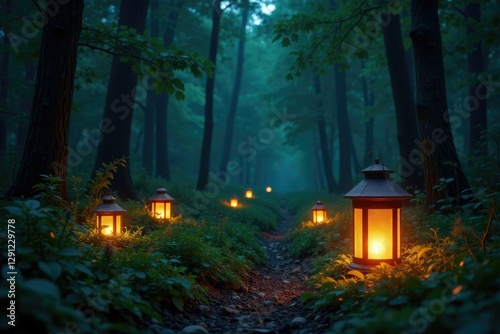 Twinkling forest lanterns amidst dense foliage, greenery, glow, forest photo