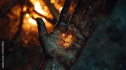  Burn wound on palm of a hand, blistered and reddened skin with white patches. Peeling skin near edges, soft fireplace glow flickering, shadows dancing on wooden walls.