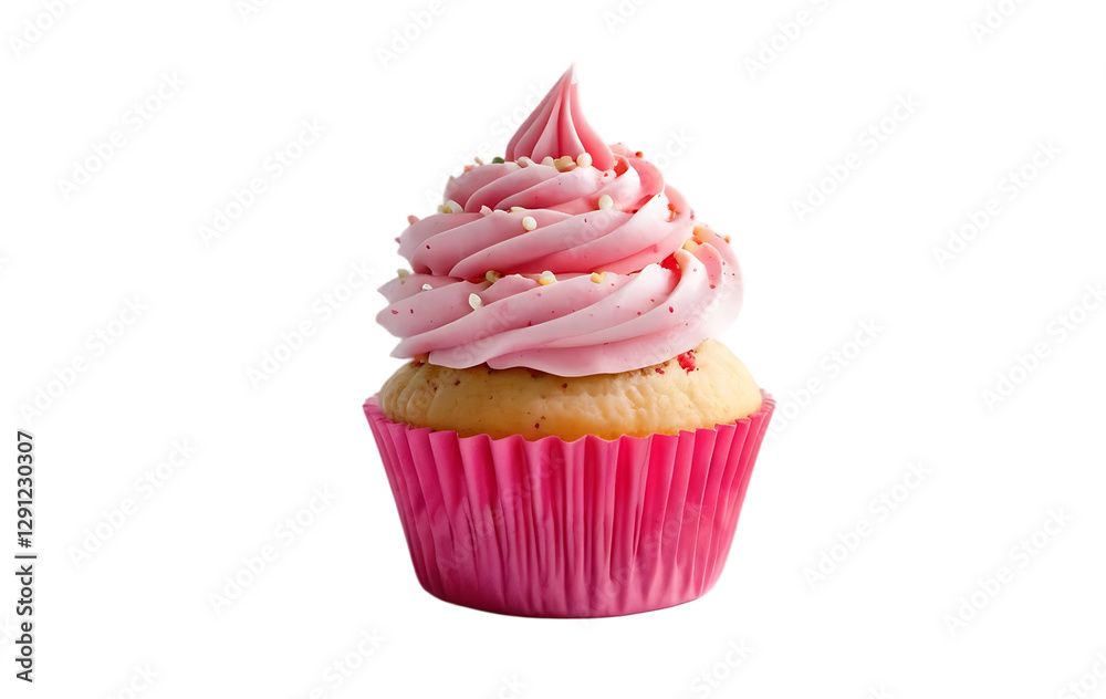 Pink cupcake with vanilla frosting and sprinkles isolated on white and transparent background – perfect for dessert and food themes Pink cupcake with vanilla frosting and sprinkles isolated on white and transparent background – perfect for dessert and food themes