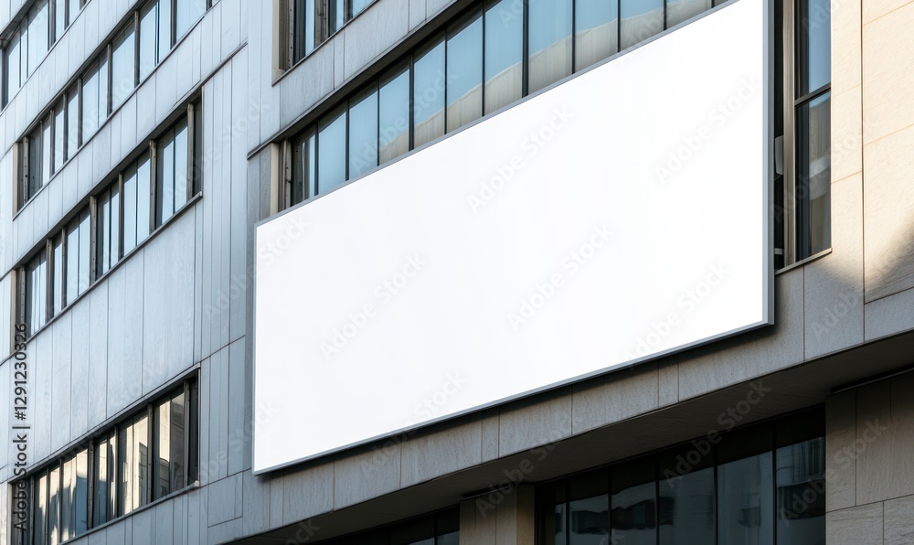 Fototapeta premium a blank white banner on the side of an office building, with reflections in its windows, representing advertising mockups for branding and digital marketing