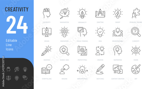 Creativity Line Editable Icons set. Vector illustration in modern thin line style of inventiveness related icons: imagination, innovation, inspiration, originality, and more