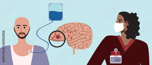 Oncologist and cancer patient, flat vector stock illustration with doctor and brain cancer
