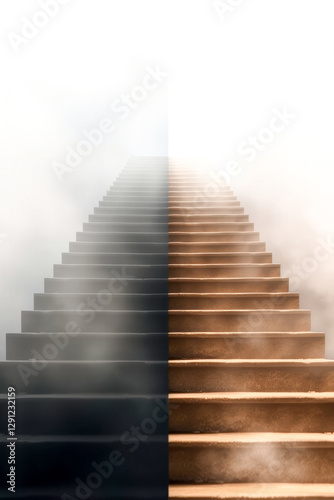 split staircase ascending into misty expanse: a visual metaphor of choice and duality photo