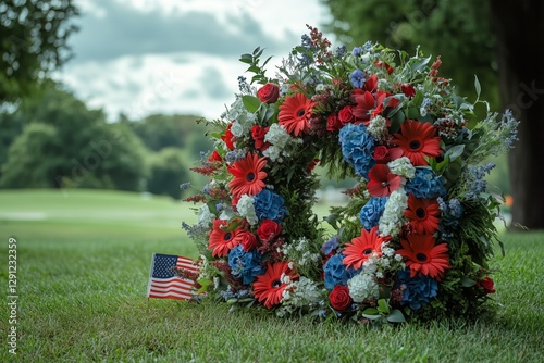 Memorial Day wreath and robbon amonst grass and bushes  photo