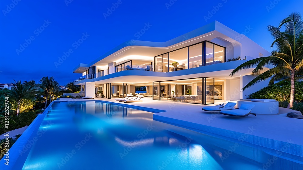 Fototapeta premium Modern luxury villa with infinity pool at night. Stunning architecture and design.