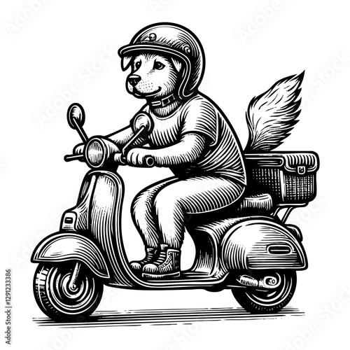 Dog ride scooter sketch engraving black and white outline. Scratch board imitation.  illustrated in vintage line art style on a white background.

