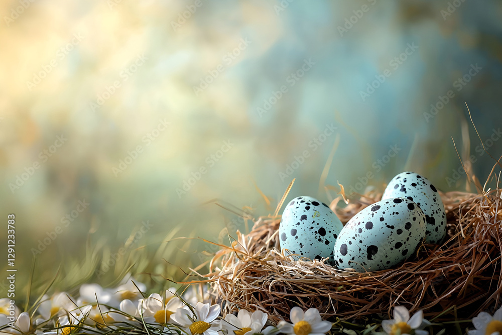 Obraz premium Easter festive background, template with nest and easter eggs
