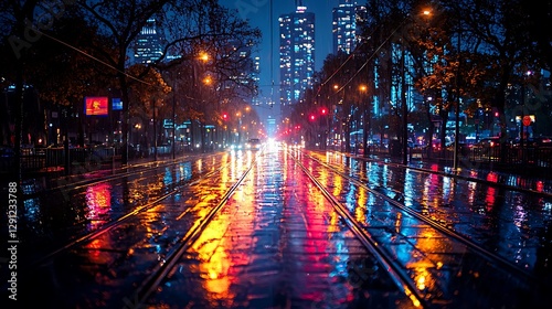 Rainy night city street scene, urban lights reflecting on wet pavement, skyscrapers in background