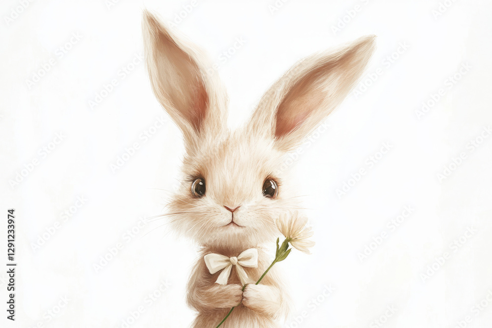 Obraz premium Illustration of a fluffy bunny with big ears and a tiny bow tie, holding a flower in its paw. The soft color palette and the endearing expression on the bunny face make it an adorable and charming