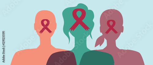 Cancer patients silhouettes and cancer ribbon, silhouette vector stock illustration with unidentifiable people together as a template with space for text or copy space