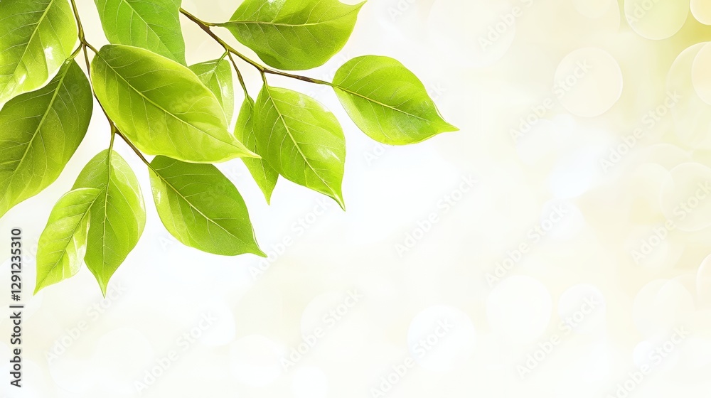 Bright Green Leaves on Branch Soft Light Background Bright Green Leaves on Branch Soft Light Background