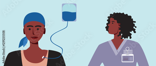 Consultation of a cancer patient with a doctor, flat vector stock illustration with medicine and chemotherapy