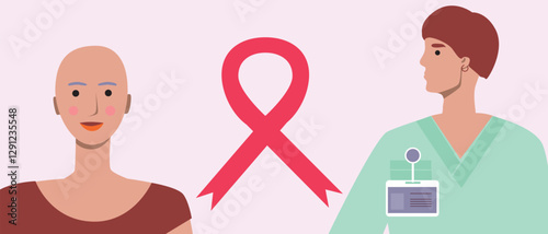 Doctor with cancer patient and cancer ribbon, flat vector stock illustration as concept of fight against oncology