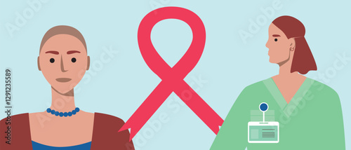 Doctor with cancer patient and cancer ribbon, flat vector stock illustration as concept of oncology and palliative care