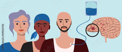 Cancer patients silhouettes and cancer ribbon, silhouette vector stock illustration with unidentifiable people together as a template with space for text or copy space
