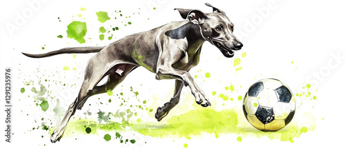 Playful Italian Greyhound Dog Engaging with a Colorful Soccer Ball in a Lively Outdoor Setting Showcasing Joy and Energy in a Fun and Active Moment