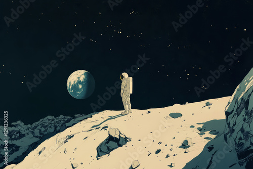 Illustration of a lunar landscape with the Earth rising in the distance. An astronaut stands on the moon surface, looking out at the incredible view of our planet. The stark beauty of the moon surface photo