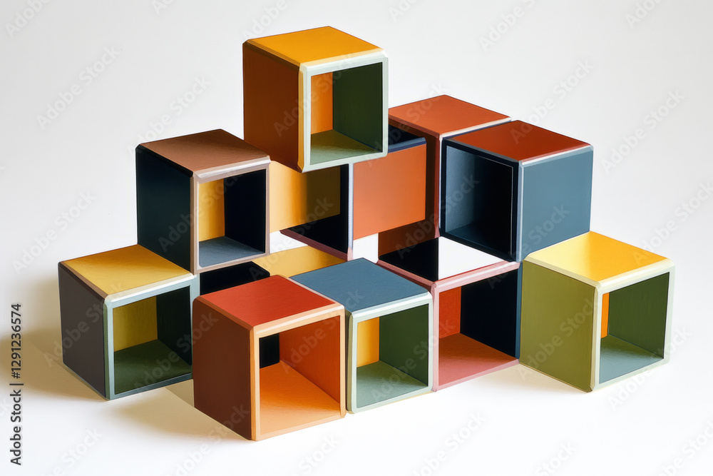 Illustration of a collection of interlocking, multicolored cubes forming a three dimensional abstract structure. The play of light and shadow adds depth and complexity to the geometric arrangement. Illustration of a collection of interlocking, multicolored cubes forming a three dimensional abstract structure. The play of light and shadow adds depth and complexity to the geometric arrangement.