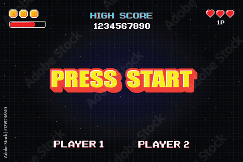PRESS START. pixel art .8 bit game. retro game. for game assets .Retro Futurism Sci-Fi Background. glowing neon grid. and stars from vintage arcade computer games