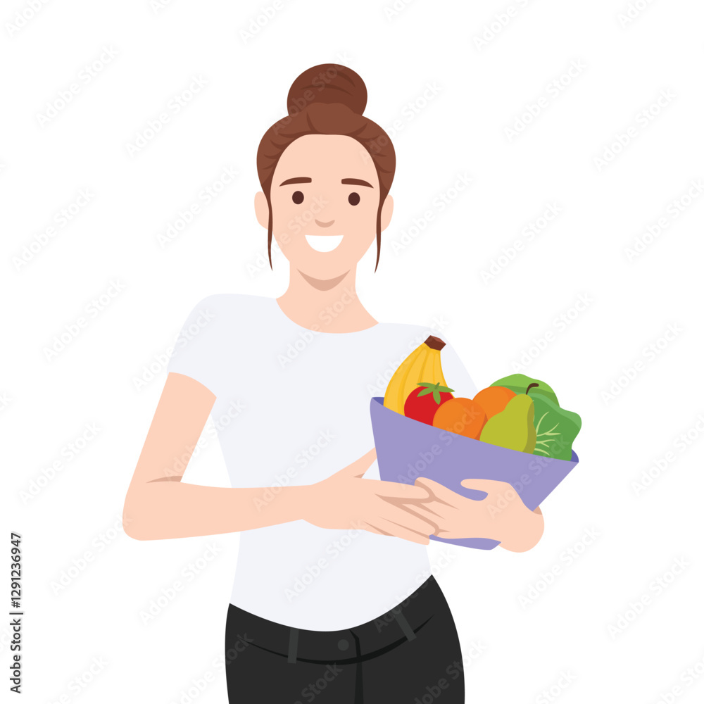 Woman holds a bowl filled with fresh fruits and vegetables, balanced and nutritious lifestyle. Flat vector illustration isolated on white background Woman holds a bowl filled with fresh fruits and vegetables, balanced and nutritious lifestyle. Flat vector illustration isolated on white background
