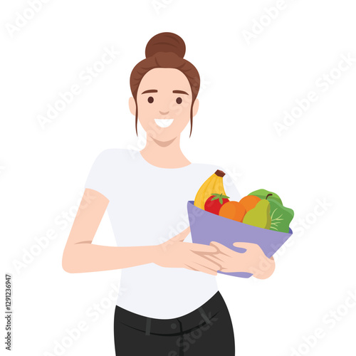 Woman holds a bowl filled with fresh fruits and vegetables, balanced and nutritious lifestyle. Flat vector illustration isolated on white background