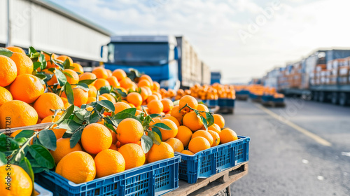 Fresh oranges at bustling outdoor market with crates and delivery trucks