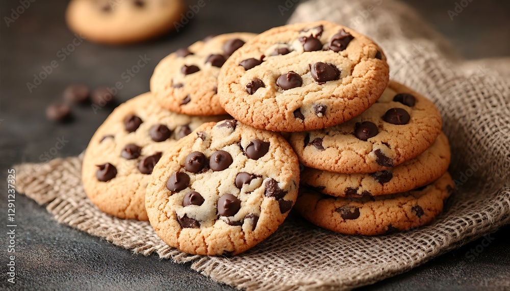 Fresh baked chocolate chip cookies piled on a rustic surface Fresh baked chocolate chip cookies piled on a rustic surface
