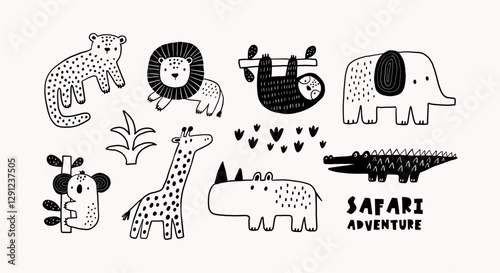 Safari animals cute illustration in doodl style. Outline hand drawn print. African leopard, giraffe, elephant, lion, , koala, crocodile, sloth and wild animals character. 