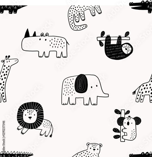 Safari animals cute illustration in doodl style. Outline hand drawn print. African crocodile, leopard, giraffe, elephant, lion, and wild animals character. Seamless pattern