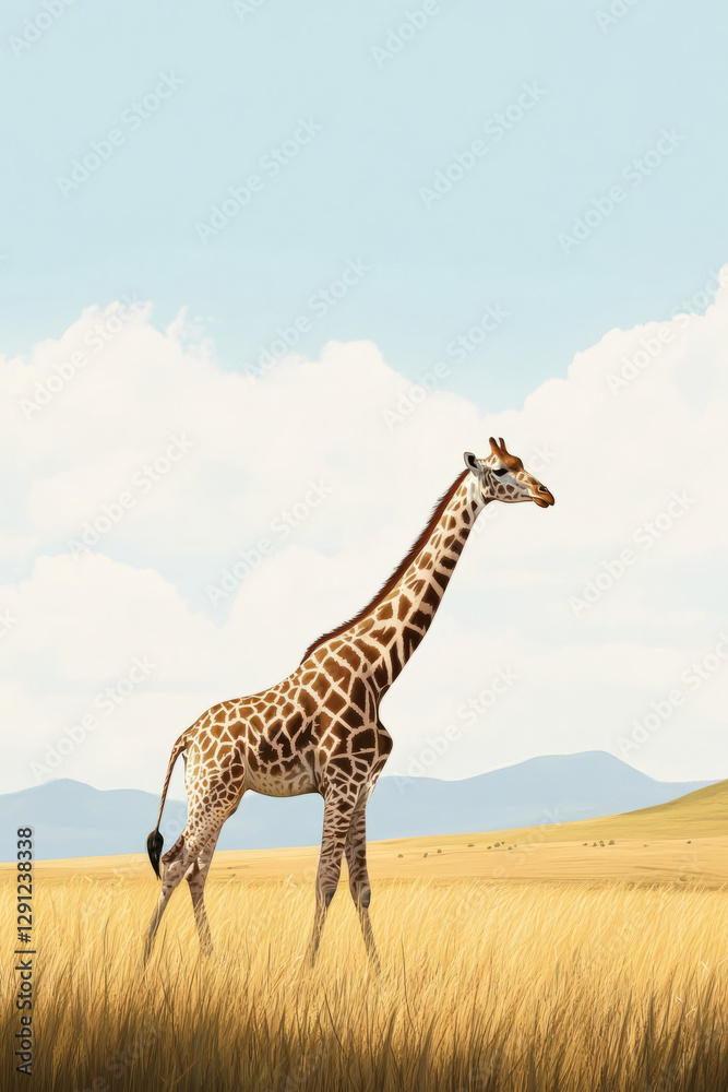 Obraz premium Illustration of a majestic giraffe grazing in a grassy plain with a distant mountain backdrop. The gentle, tall creature stands out against the clear, expansive sky, adding to the calm and peaceful