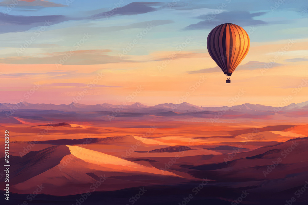 Obraz premium Illustration of a hot air balloon flying over a vast desert at sunrise. The rich oranges and reds of the sand contrast with the soft pastel colors of the morning sky, creating a stunning scene of
