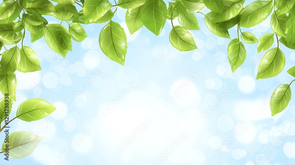 Bright Green Leaves on Branches Against a Soft Blue Sky Background Bright Green Leaves on Branches Against a Soft Blue Sky Background