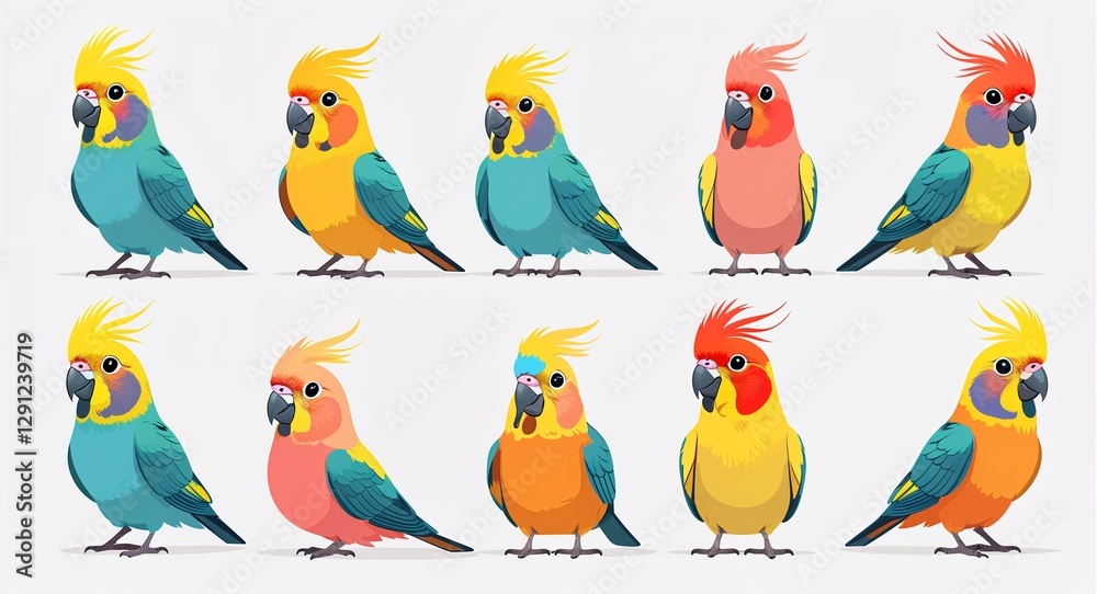 Obraz premium Set bundle of cockatiel minimalist childish style illustration on plain white background